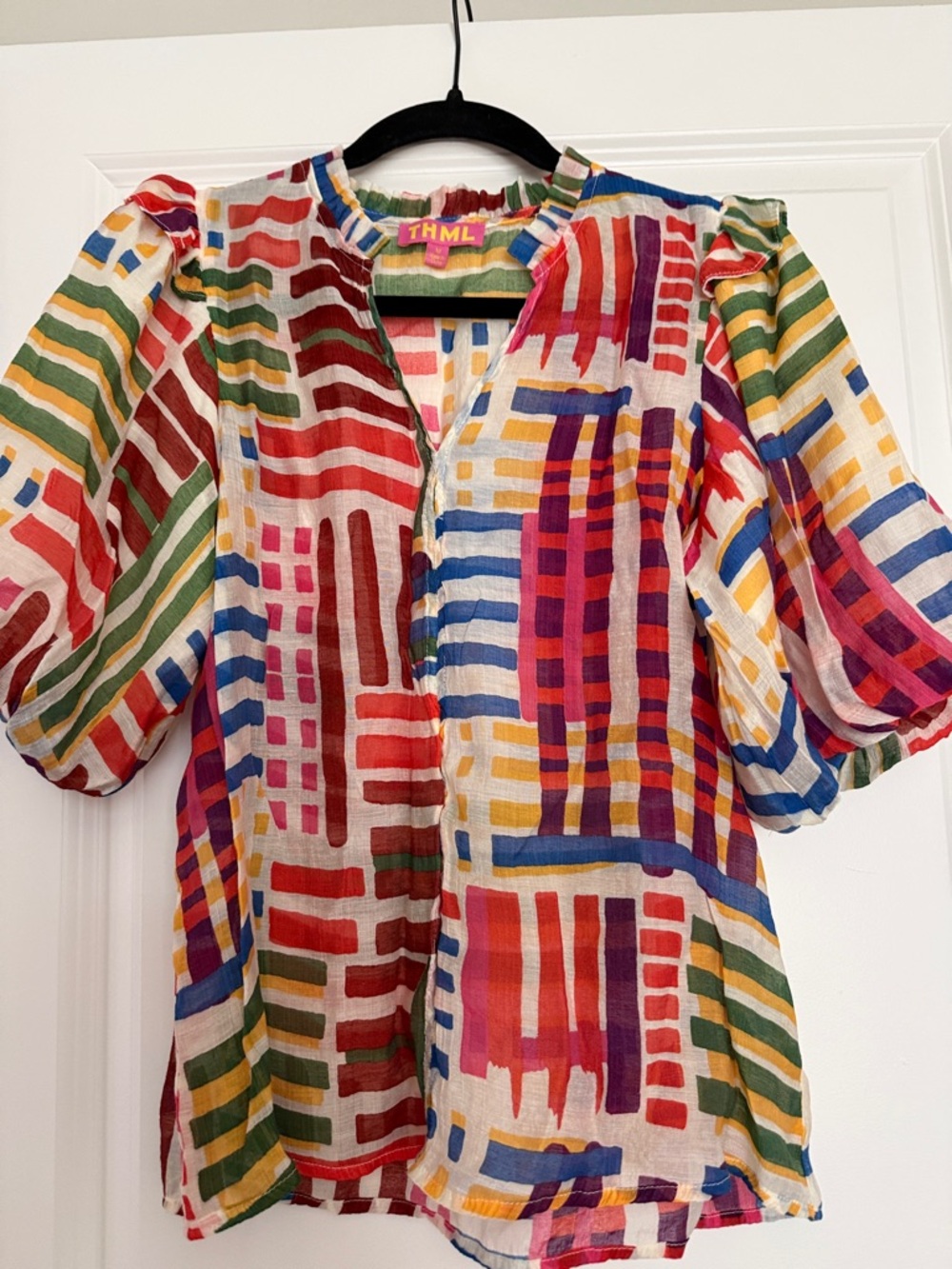 THML Multicolor Abstract Stripe Puff-Sleeve Blouse